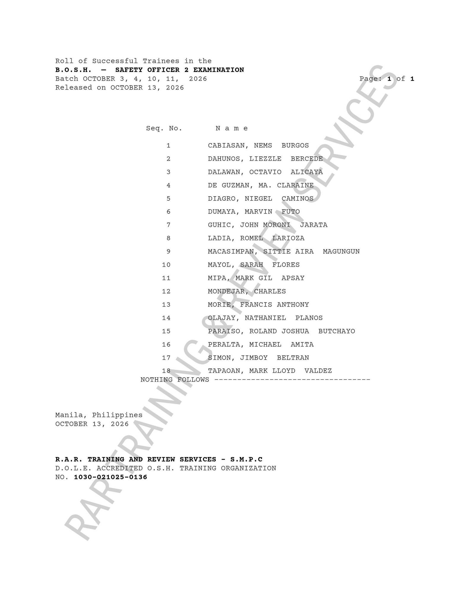 Batch October 3, 4, 10, 11, 2026 — Page 1 of 1